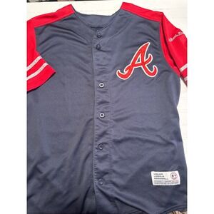 Dynasty Atlanta Braves Baseball Jersey Mens Large Navy Blue Red Excellent MLB